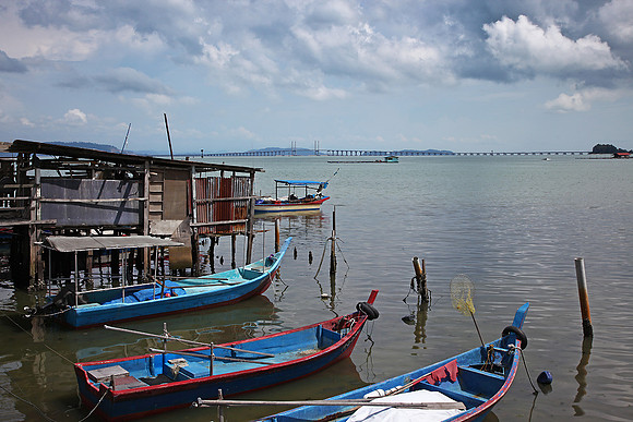 View of Penang Bridge from fishing village which soon to be gone